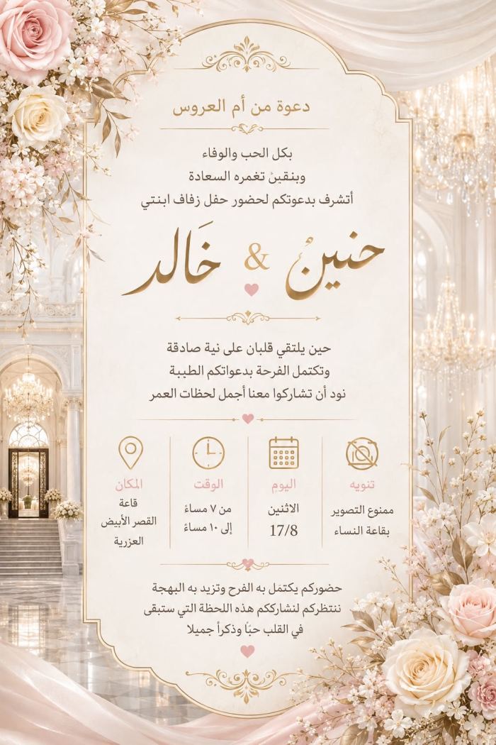دعوة زفاف من أم العروس - حنين وخالد